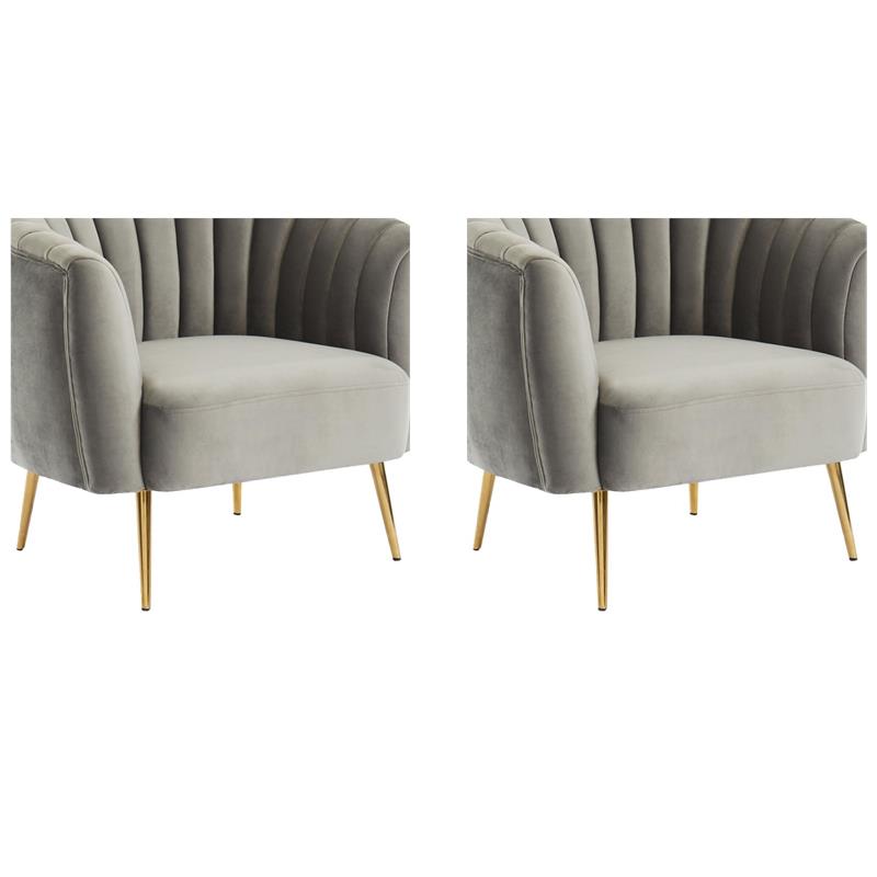 Bowery Hill Set of 2 Accent Chairs in Gray Fabric with Gold Legs
