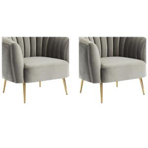 Bowery Hill Set of 2 Accent Chairs in Gray Fabric with Gold Legs