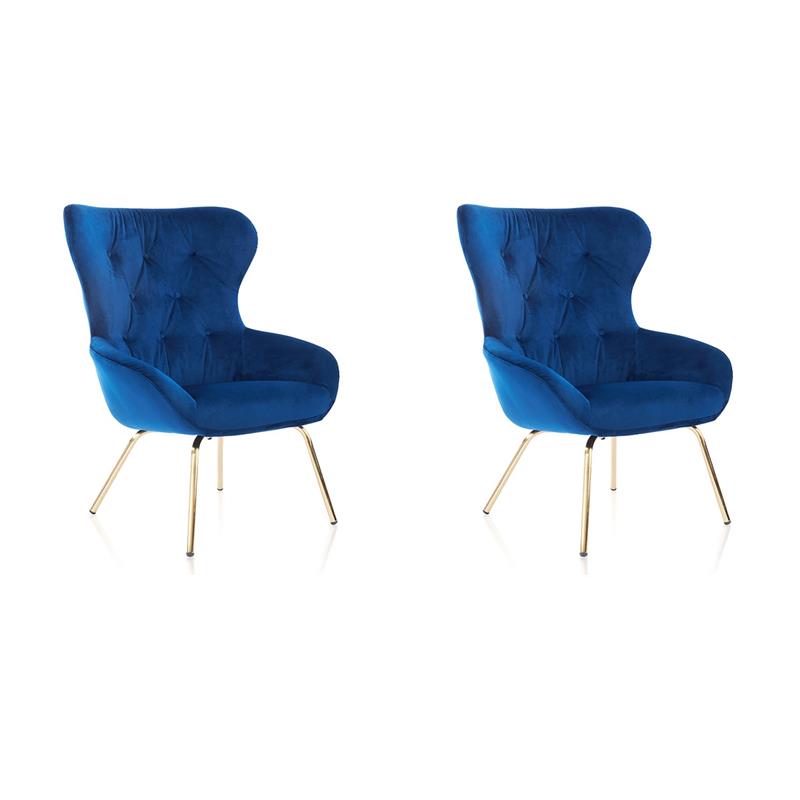 Bowery Hill Set of 2 Accent Chairs in Blue Velvet with Steel Legs