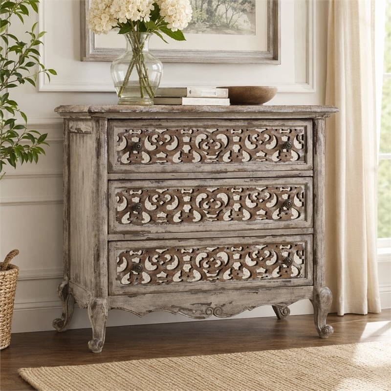 Bowery Hill 3 Drawer Wood Nightstand with Fretwork Fronts in Caramel Beige