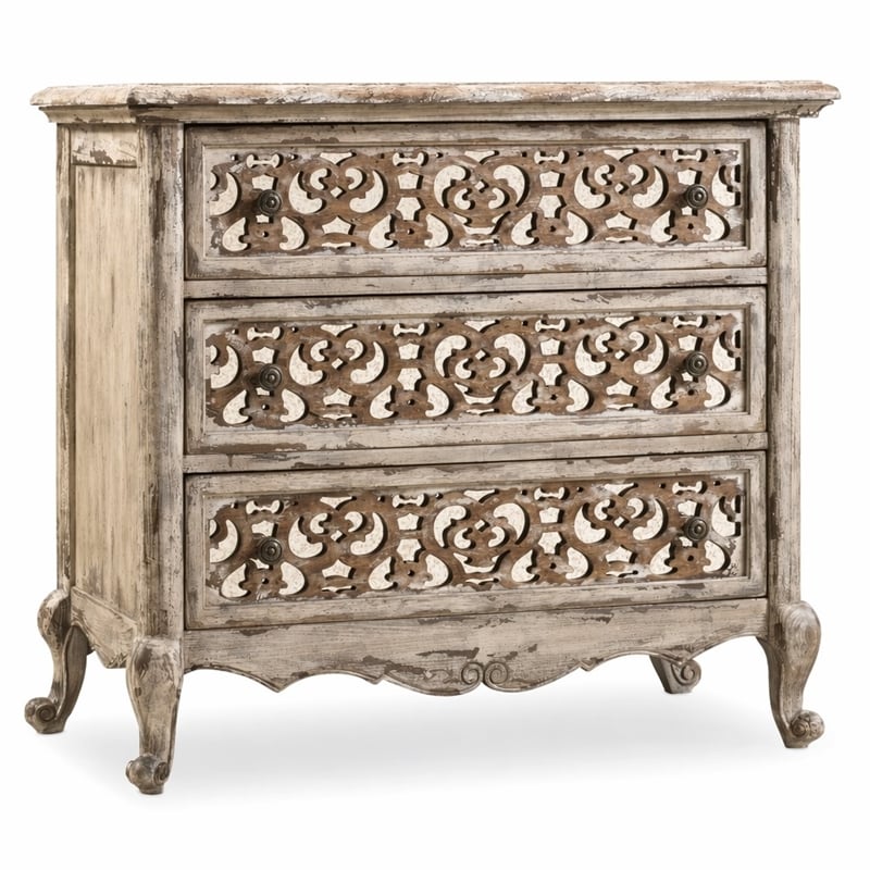 Bowery Hill 3 Drawer Wood Nightstand with Fretwork Fronts in Caramel Beige