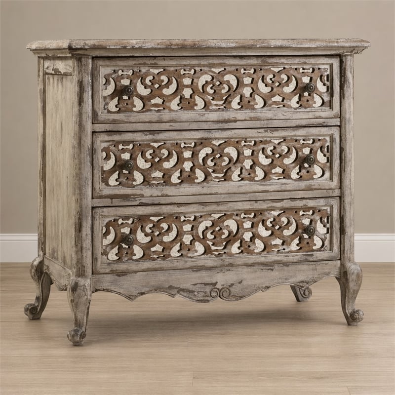 Bowery Hill 3 Drawer Wood Nightstand with Fretwork Fronts in Caramel Beige