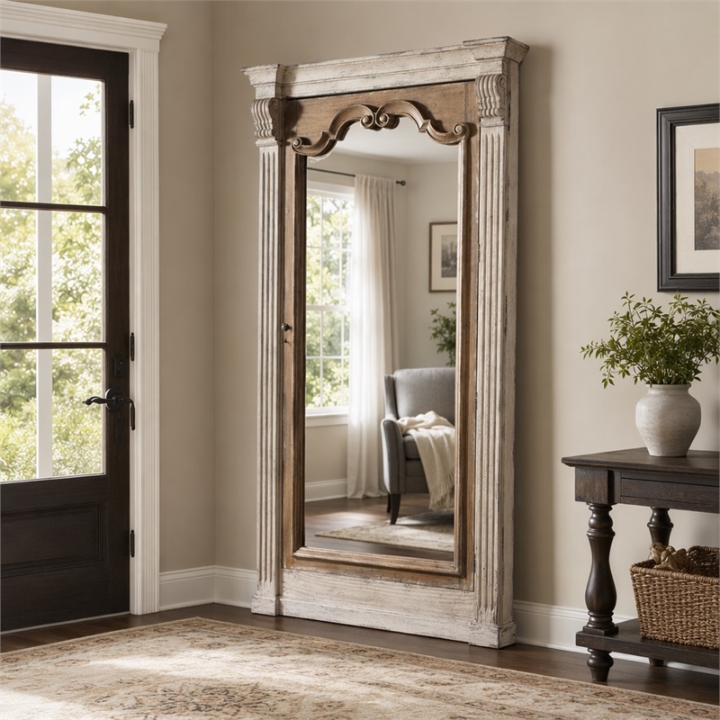 Bowery Hill Wood-Framed Floor Mirror with Jewelry Storage in Beige