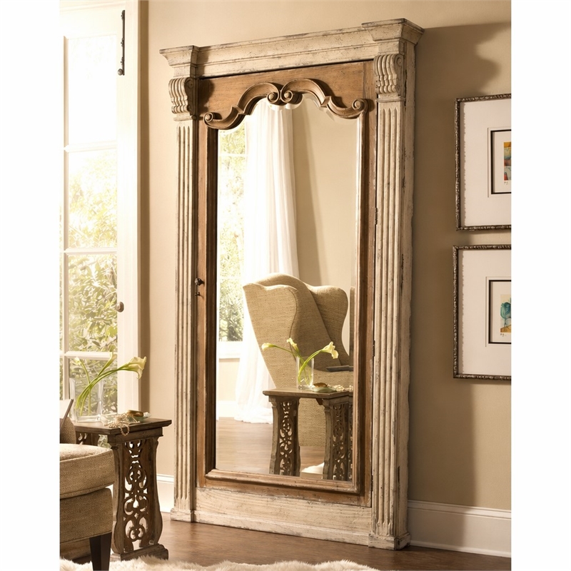 Bowery Hill Wood-Framed Floor Mirror with Jewelry Storage in Beige