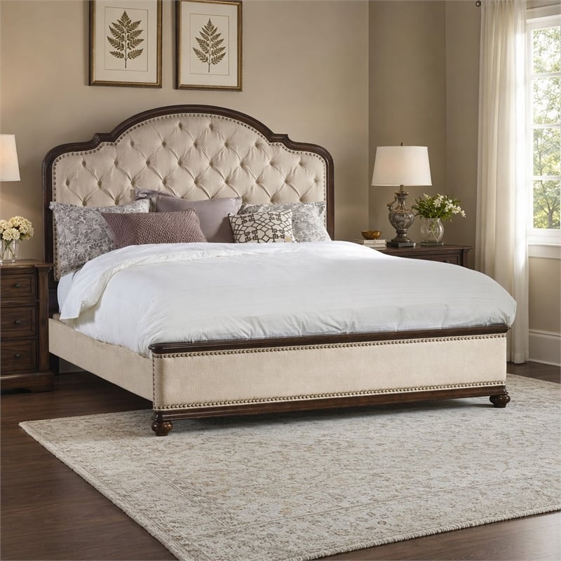 Bowery Hill King Tufted Upholstered Bed in Mahogany and Fabric
