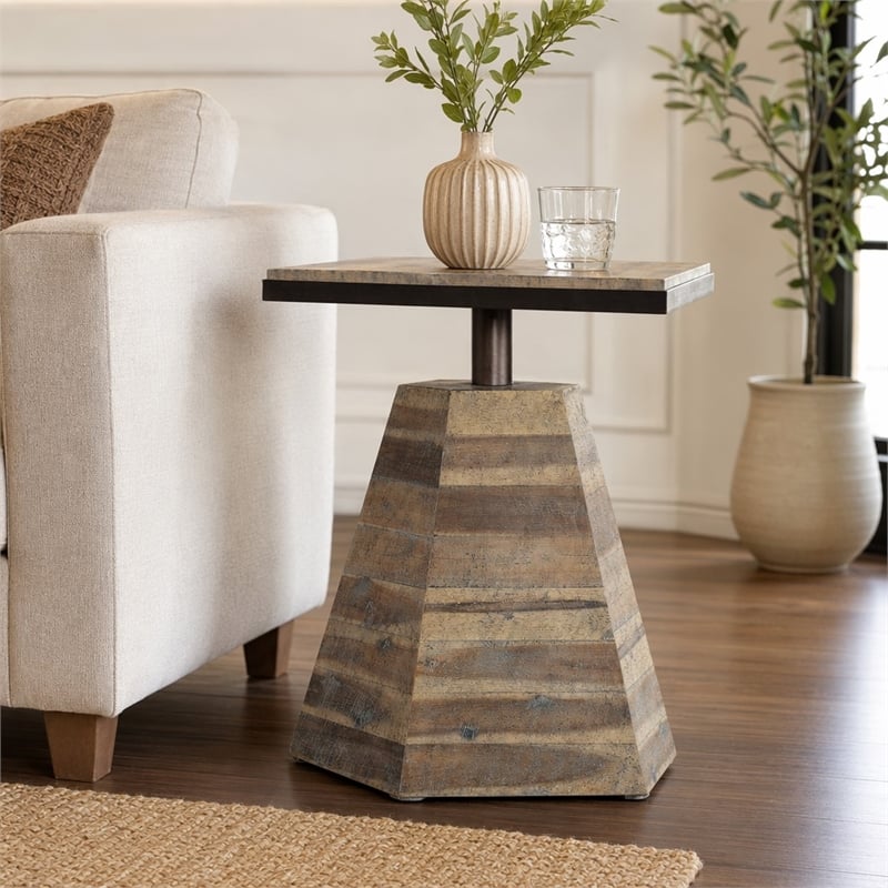 Bowery Hill Solid Acacia Wood Drink Table with Pyramid Base in Brown