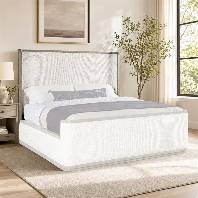 Bowery Hill Queen Upholstered Headboard with Shelter Design in Grey