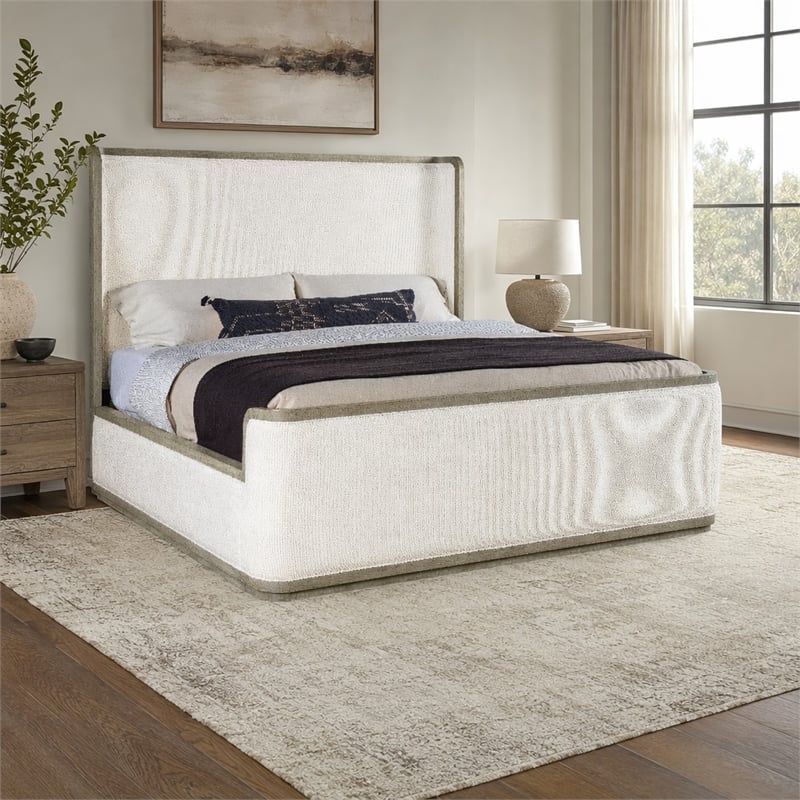 Bowery Hill Cal King Upholstered Bed with Shelter Headboard in Grey