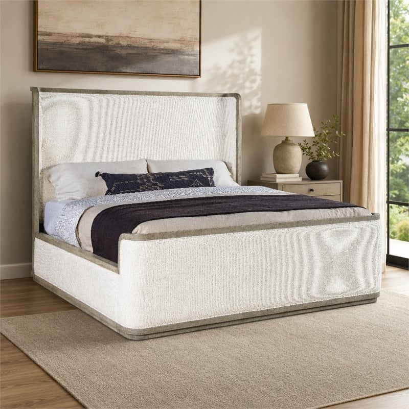 Bowery Hill Queen Upholstered Shelter Bed in Grey Wood Finish