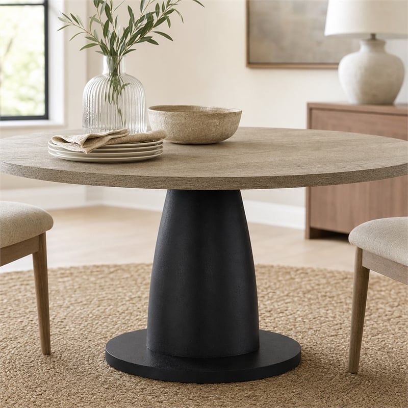 Bowery Hill Round Dining Table with Pedestal Base in Textured Grey