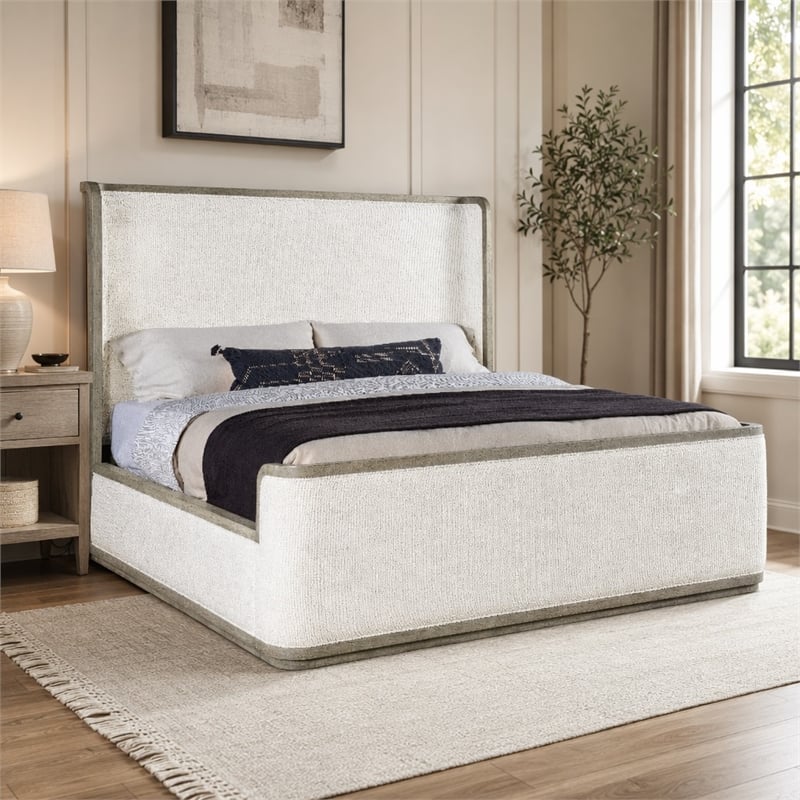 Bowery Hill King Upholstered Shelter Bed in Mink Gray Wood Finish
