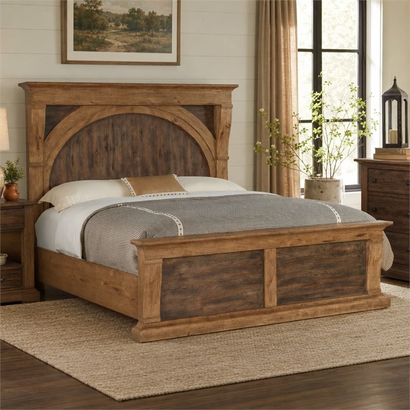 Bowery Hill Wood King Corbel Bed with Pecky Hickory Veneers in Brown