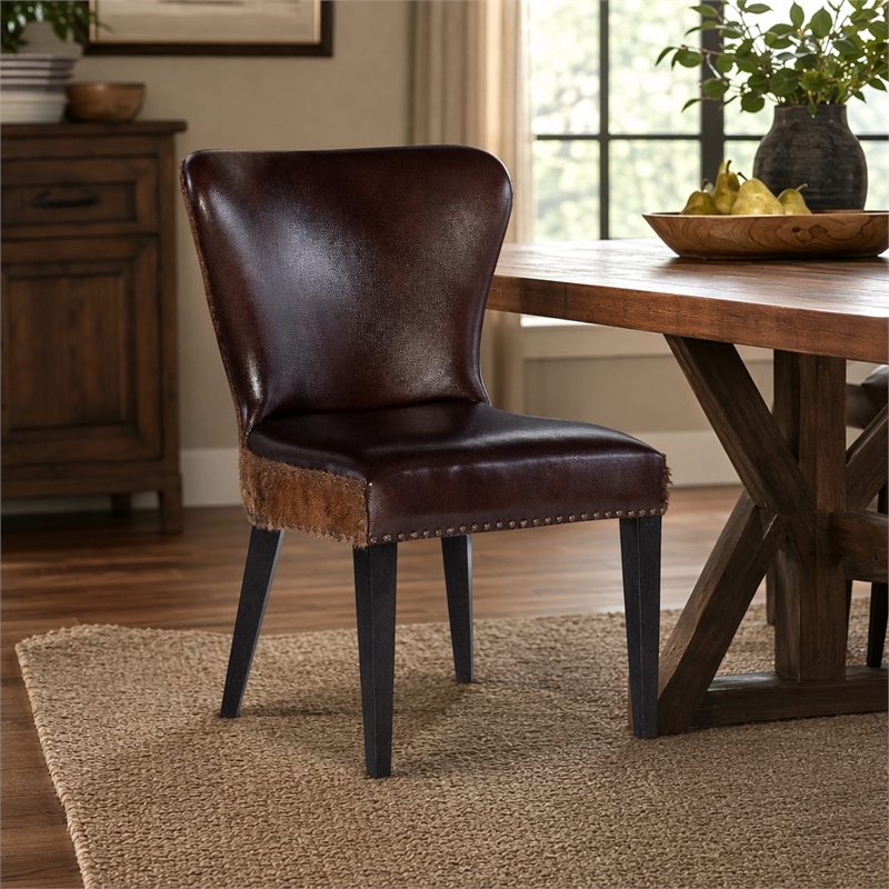 Bowery Hill Leather Accent Chair with Hair on Hide Back in Brown