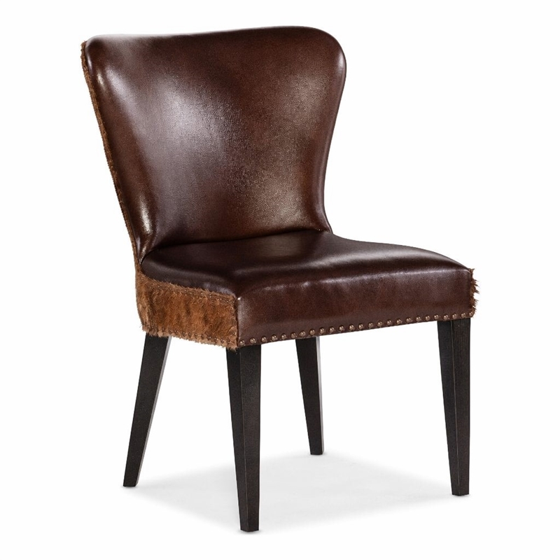 Bowery Hill Leather Accent Chair with Hair on Hide Back in Brown