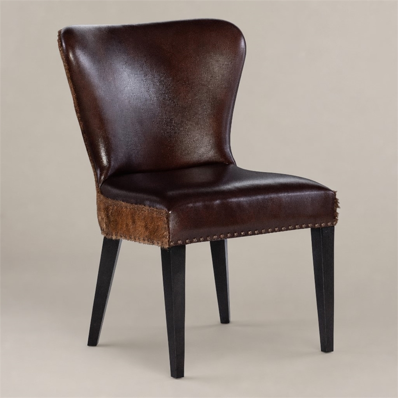 Bowery Hill Leather Accent Chair with Hair on Hide Back in Brown