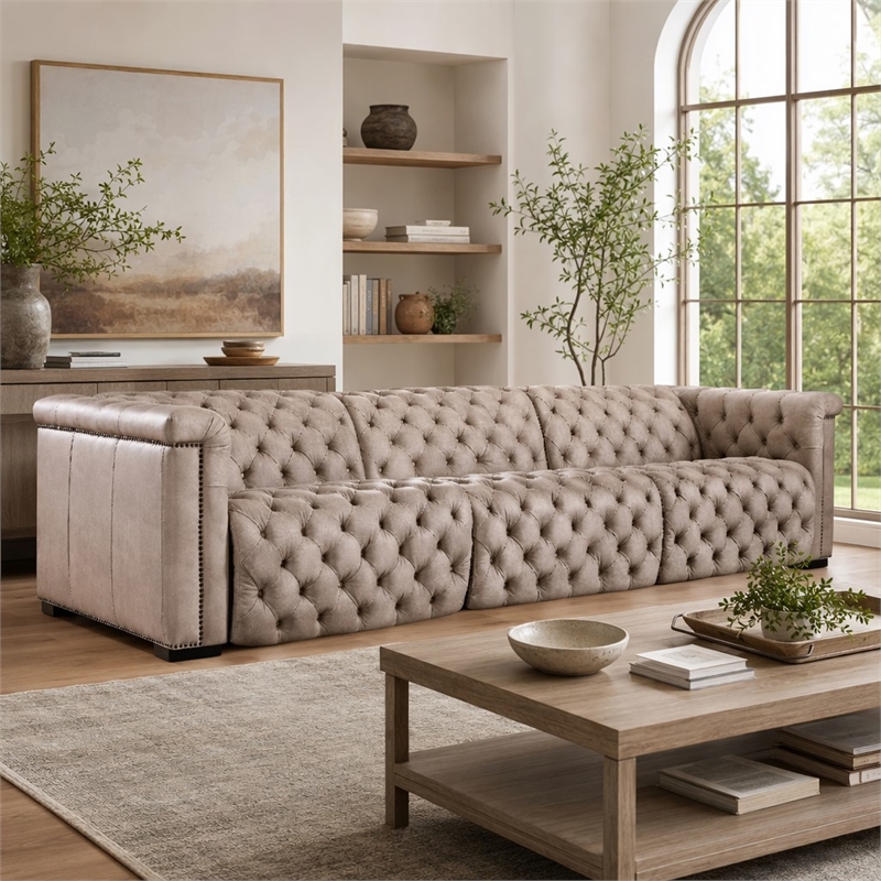 Bowery Hill Savion Grandier Power Recliner Sofa with Taupe Leather