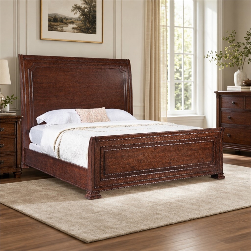 Bowery Hill King Sleigh Bed with Decorative Wood Inlays in Brown Finish