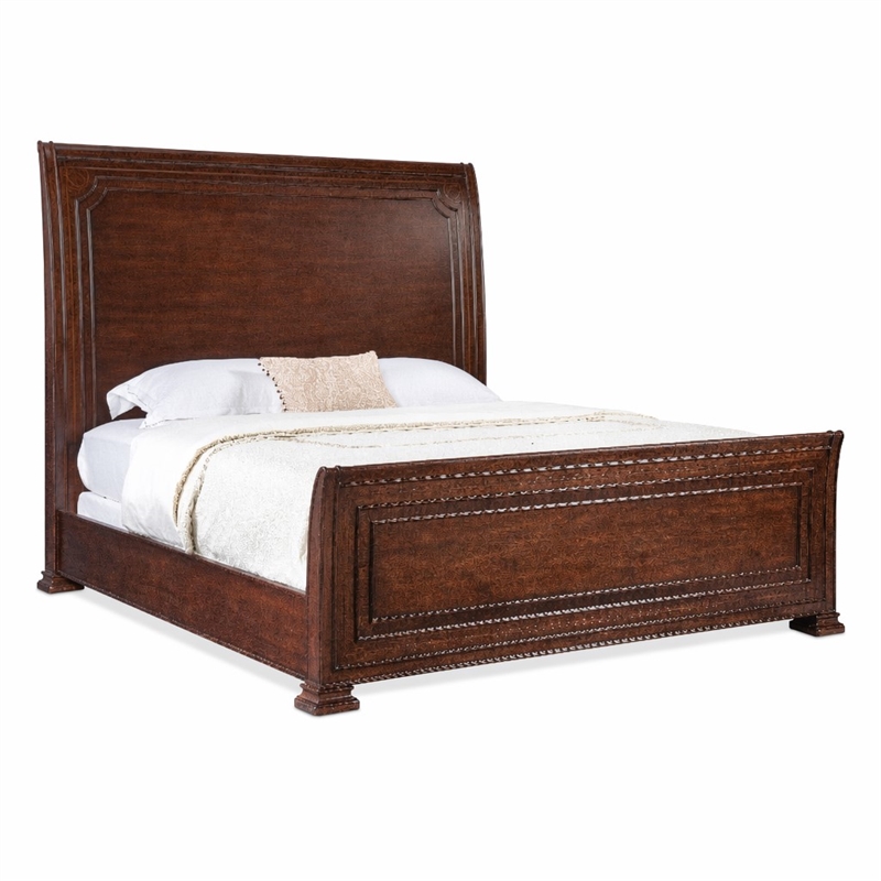 Bowery Hill King Sleigh Bed with Decorative Wood Inlays in Brown Finish