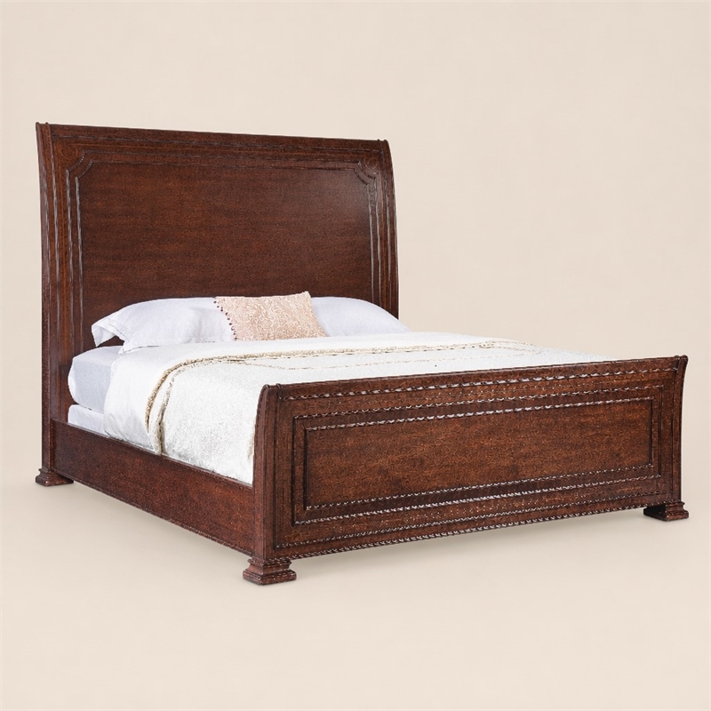 Bowery Hill King Sleigh Bed with Decorative Wood Inlays in Brown Finish
