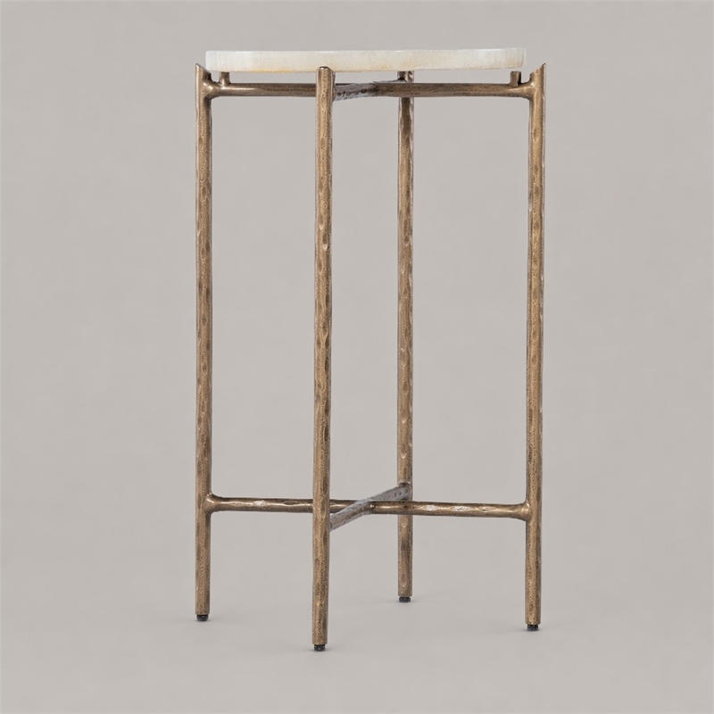 Bowery Hill Round Accent Table with Gold Metal Base and Stone Top