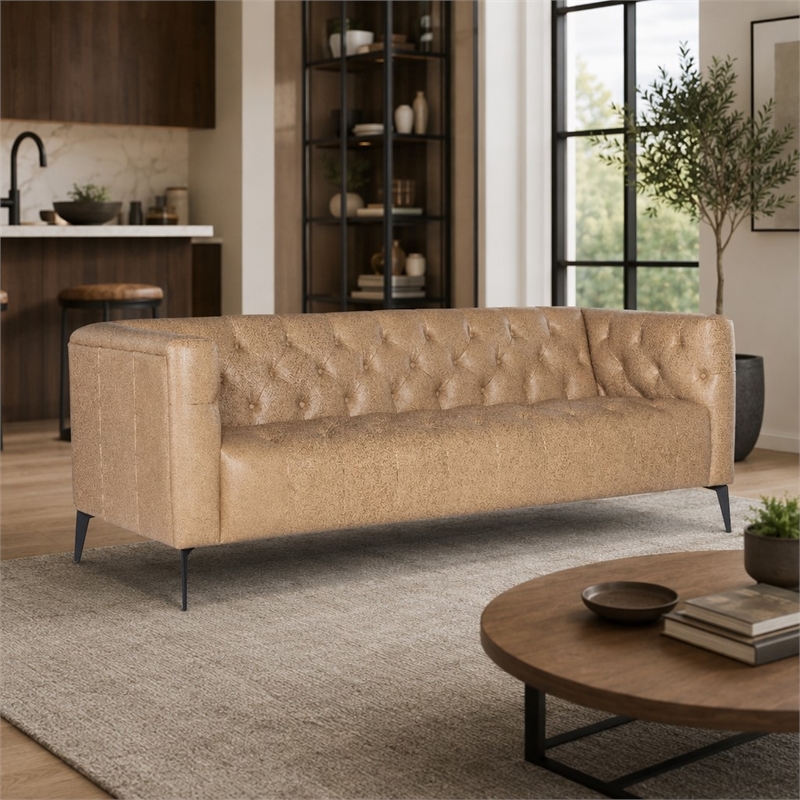 Bowery Hill Nicolla Stationary Sofa in Beige Leather with Tufted Design