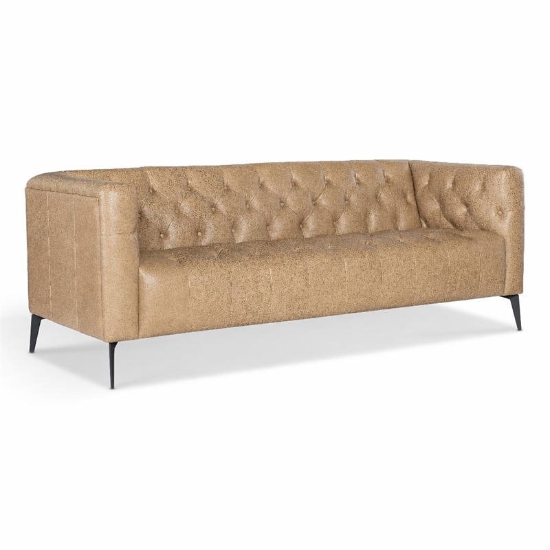 Bowery Hill Nicolla Stationary Sofa in Beige Leather with Tufted Design