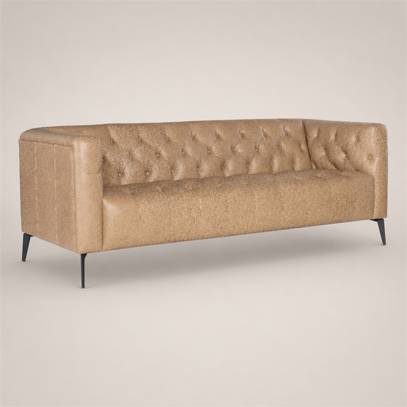Bowery Hill Nicolla Stationary Sofa in Beige Leather with Tufted Design