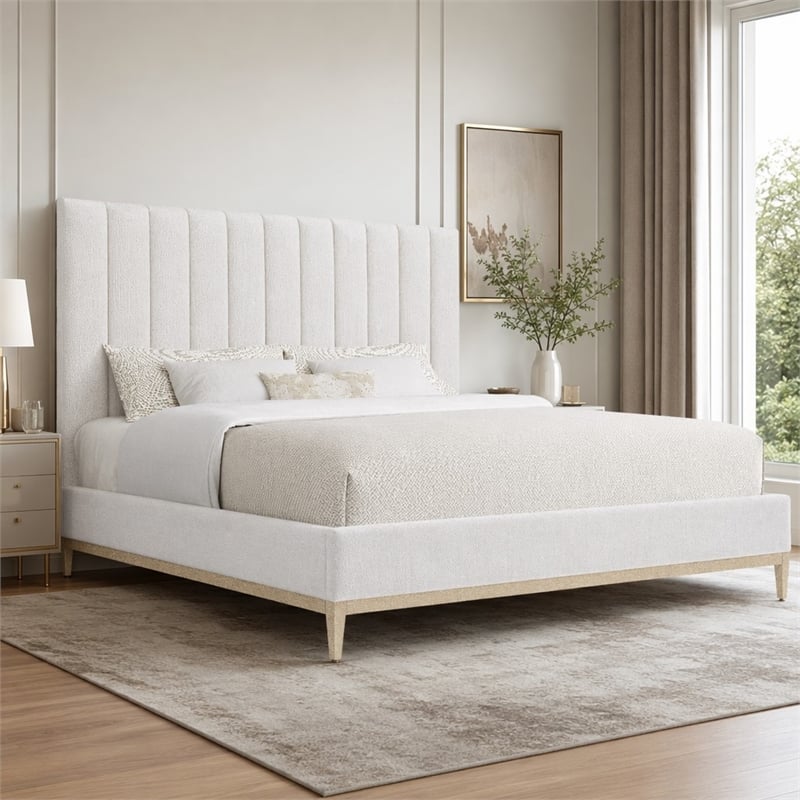 Bowery Hill Cascade King Upholstered Bed with White Fabric Headboard