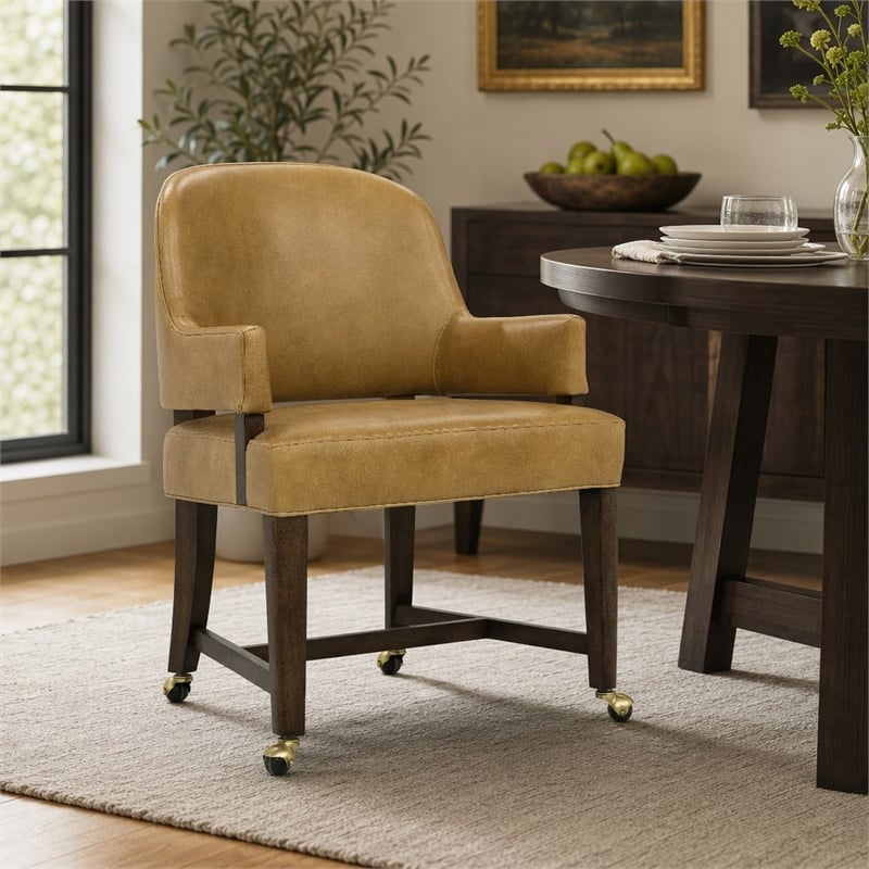 Bowery Hill Archives Barrel Back Game Chair in Brown Leather with Casters
