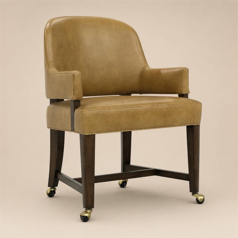 Bowery Hill Archives Barrel Back Game Chair in Brown Leather with Casters