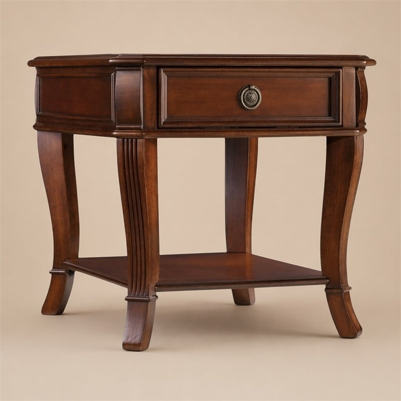 Bowery Hill Wooden End Table with Drawer and Shelf in Brown Cherry