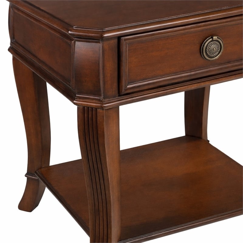 Bowery Hill Wooden End Table with Drawer and Shelf in Brown Cherry