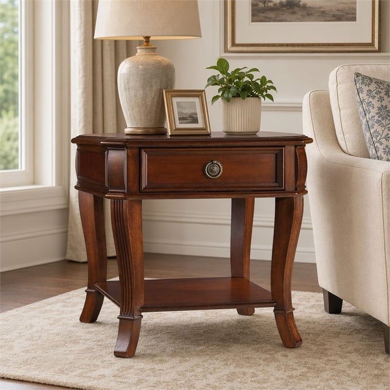 Bowery Hill Wooden End Table with Drawer and Shelf in Brown Cherry