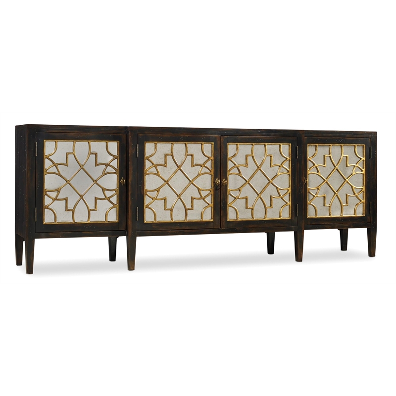 Bowery Hill Four-Door Mirrored Console in Ebony with Gold Accents