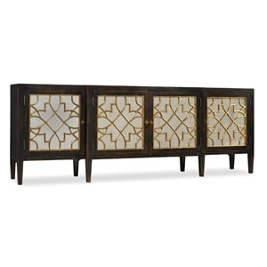 Bowery Hill Four-Door Mirrored Console in Ebony with Gold Accents