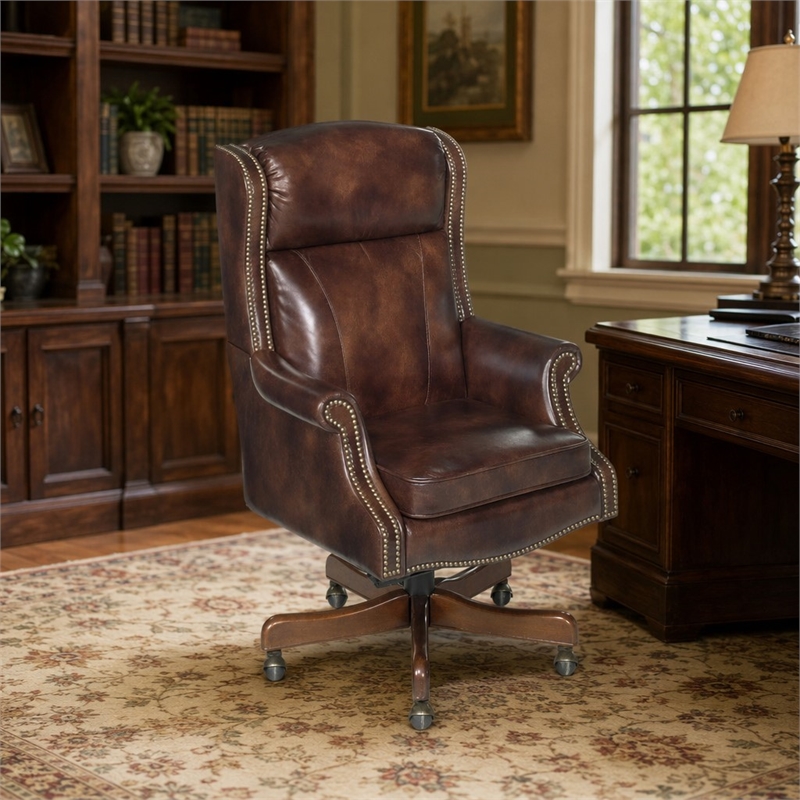 Bowery Hill Executive Office Chair with Leather Upholstery in Brown
