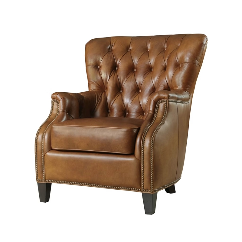 Bowery Hill Tufted Leather Club Chair in Genuine Brown Upholstery