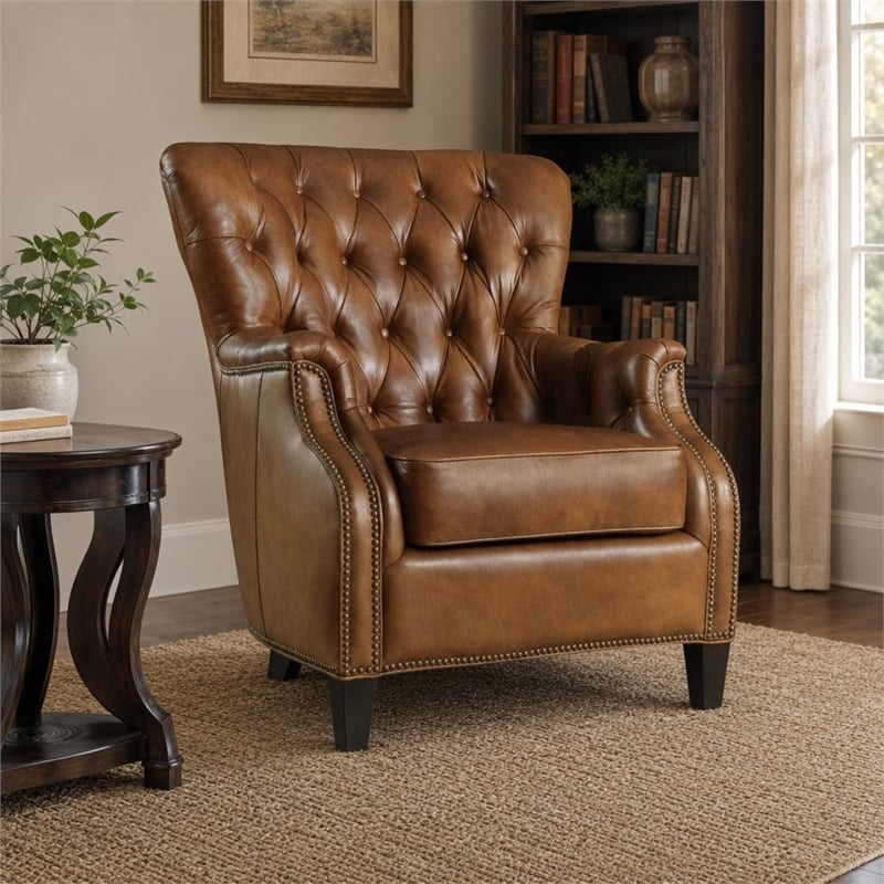 Bowery Hill Tufted Leather Club Chair in Genuine Brown Upholstery