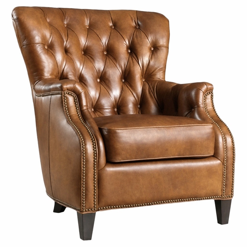 Bowery Hill Tufted Leather Club Chair in Genuine Brown Upholstery