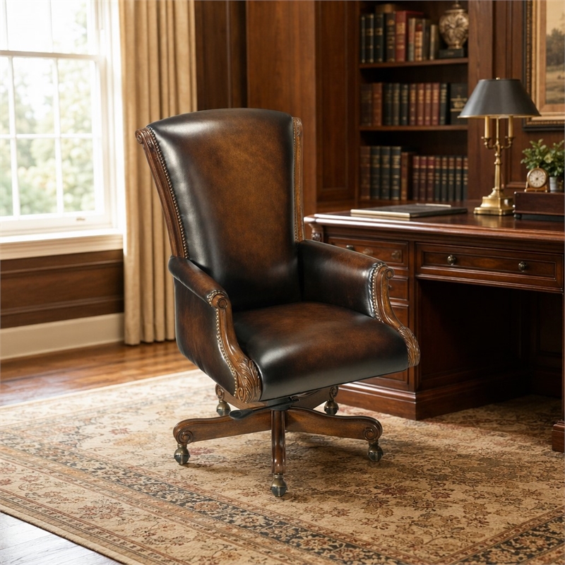 Bowery Hill Executive Office Chair with Nail Heads in Brown Leather