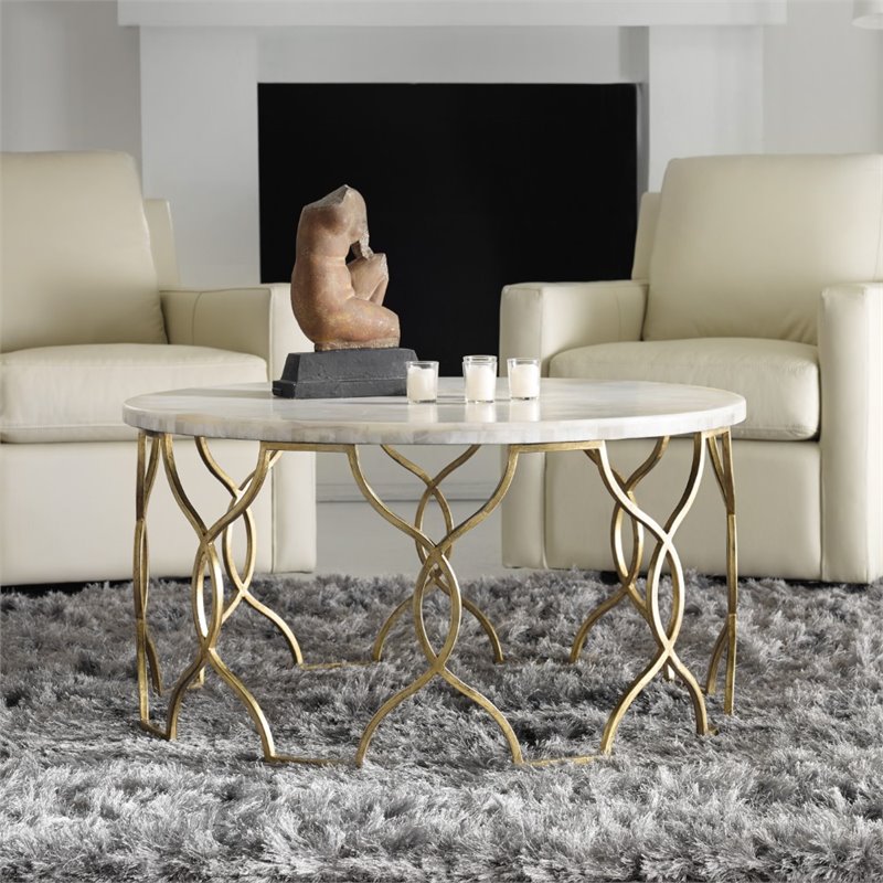 Bowery Hill Corrina Round Coffee Table with Gold Leaf Finish and Onyx Top
