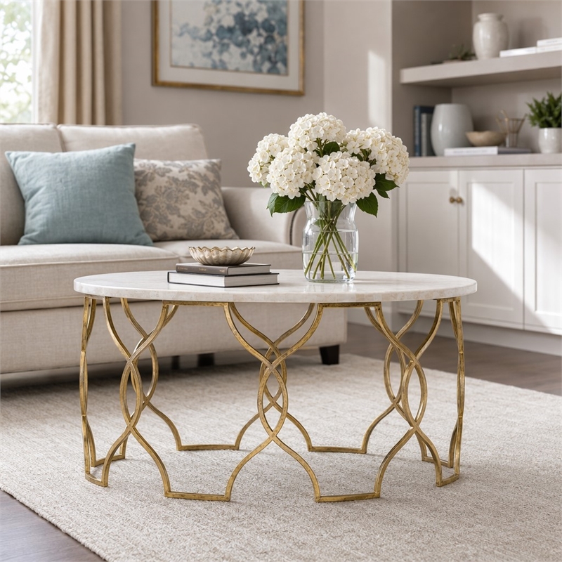 Bowery Hill Corrina Round Coffee Table with Gold Leaf Finish and Onyx Top