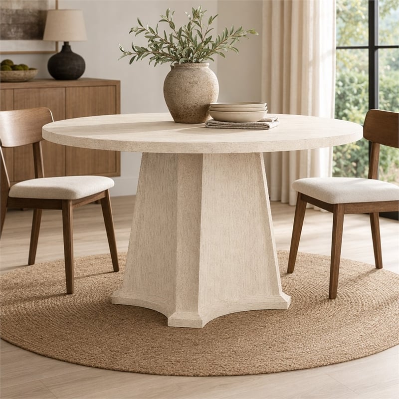 Bowery Hill Round Dining Table with Marble Top and Natural Wood Base