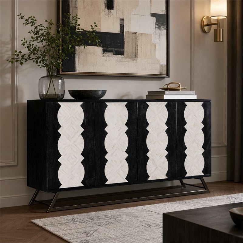 Bowery Hill Moroccan Modern Wood Credenza in Black with Iron Base
