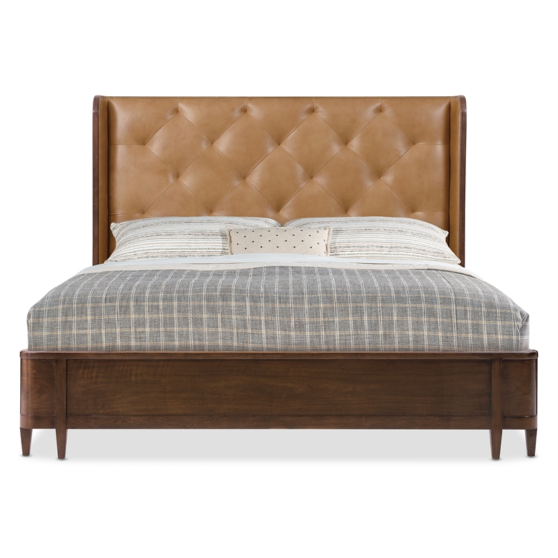 Bowery Hill King Leather Bed with Tufted Light Brown Headboard and Wing Design