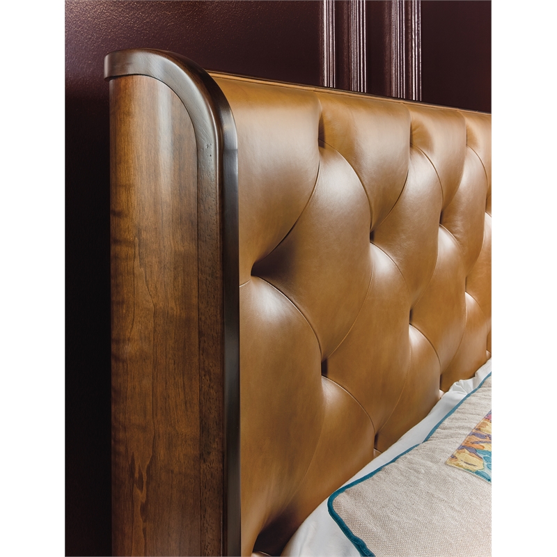 Bowery Hill King Leather Bed with Tufted Light Brown Headboard and Wing Design