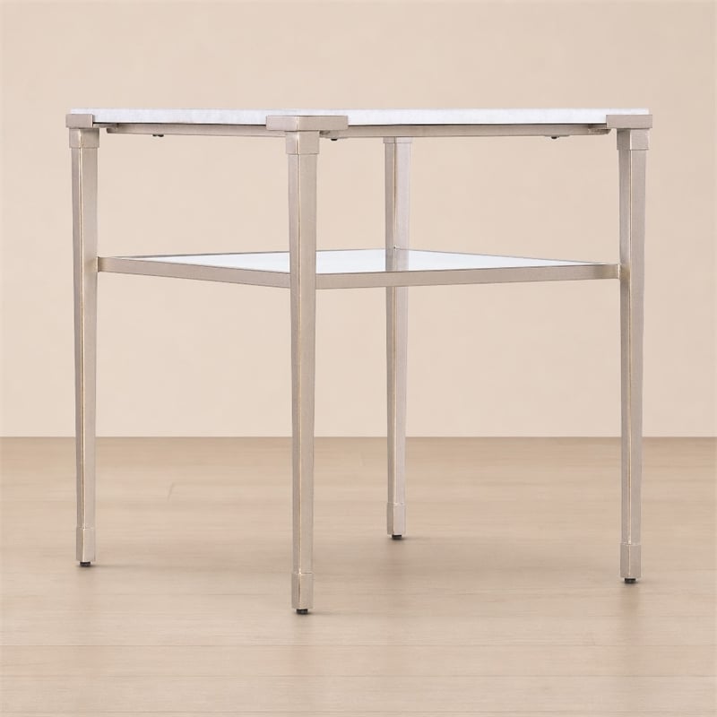 Bowery Hill Rectangle End Table with White Stone Top and Tapered Metal Legs