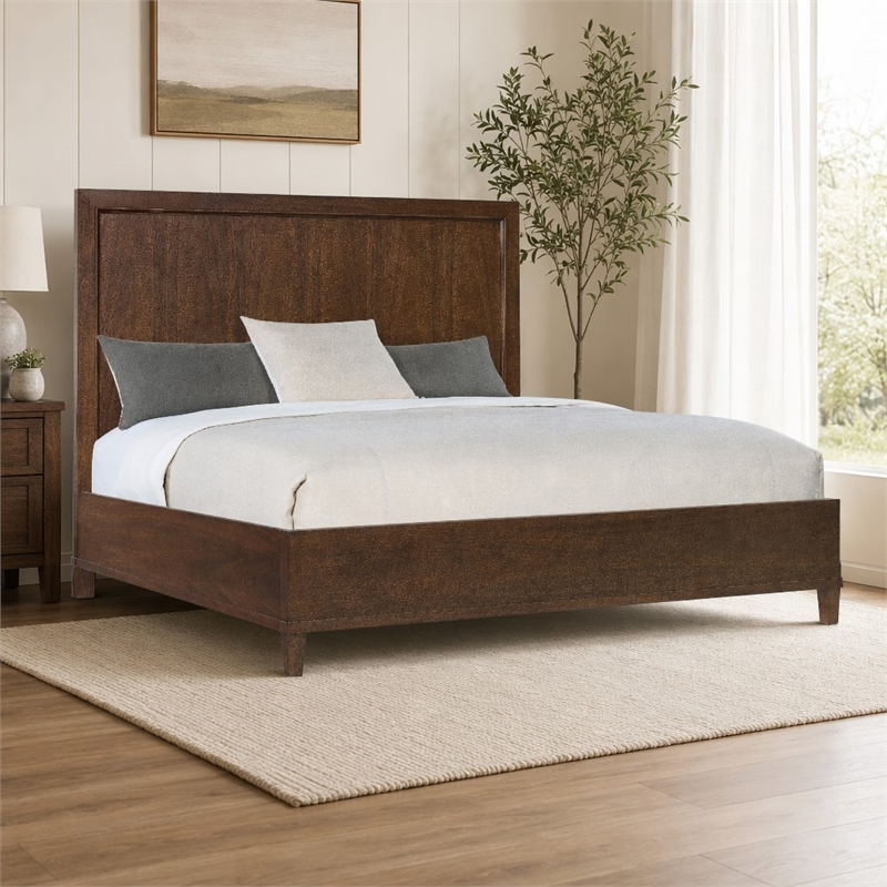 Bowery Hill King Panel Bed in Dark Natural Wood Finish with Tapered Legs