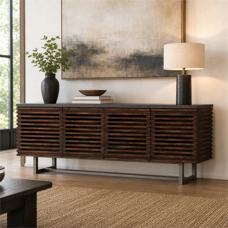 Bowery Hill TV Stand with Ventilated Shelves in Medium Brown Wood