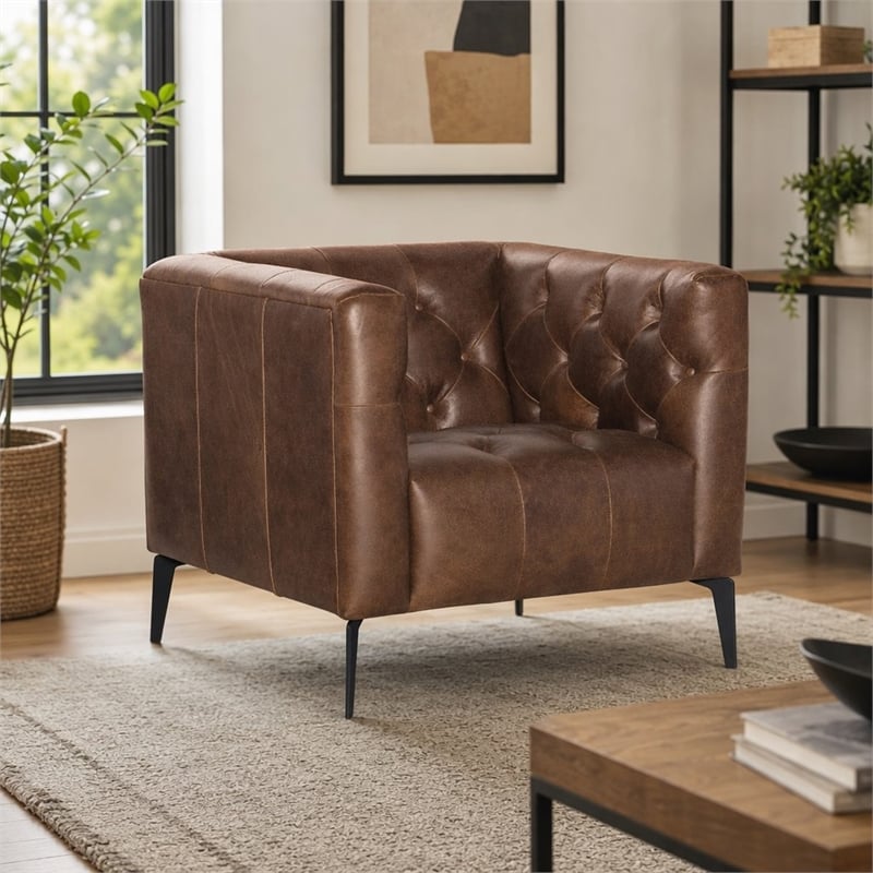 Bowery Hill Leather Stationary Chair with Tufted Back in Saddlebag Brown